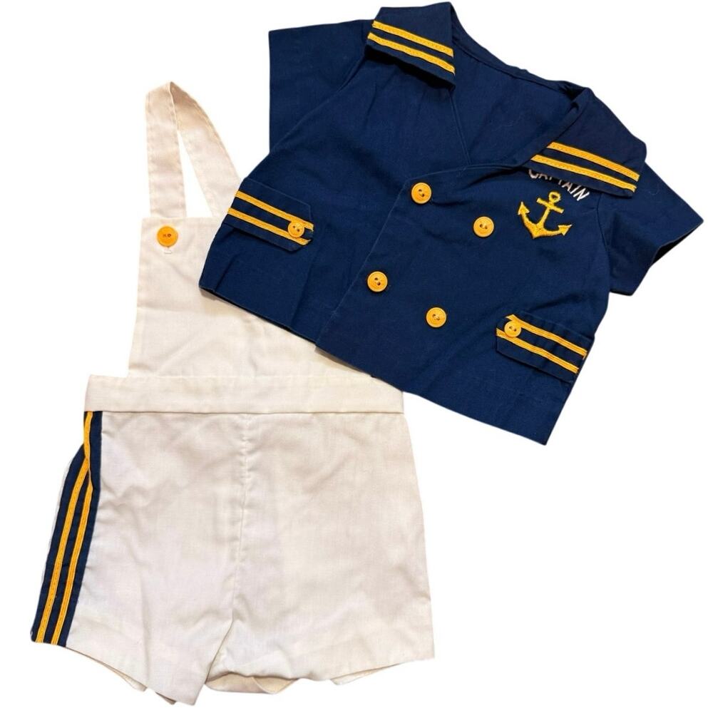 Vintage Baby Boy Nautical Captain Outfit Navy Jacket White Suspender Set 12M